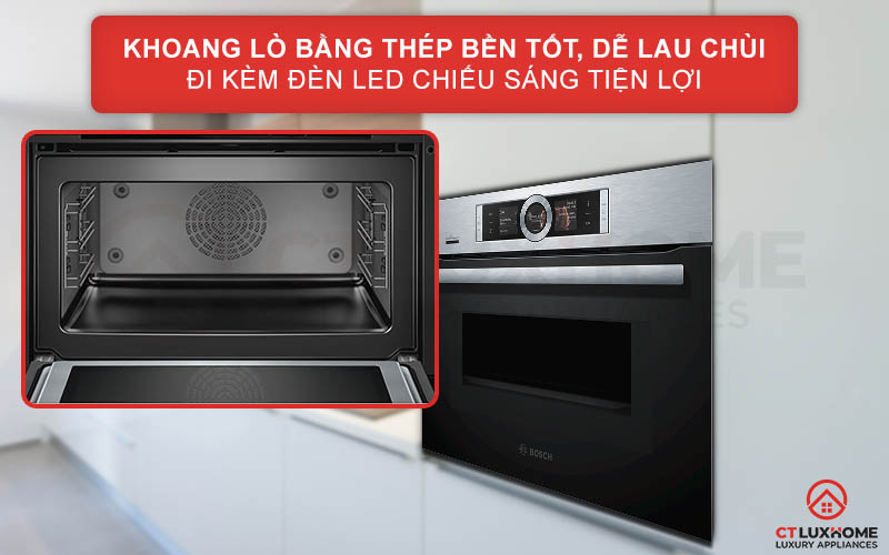 Khoang lò được làm bằng thép không gỉ bền tốt, dễ lau chùi đi kèm đèn LED chiếu sáng tiện lợi