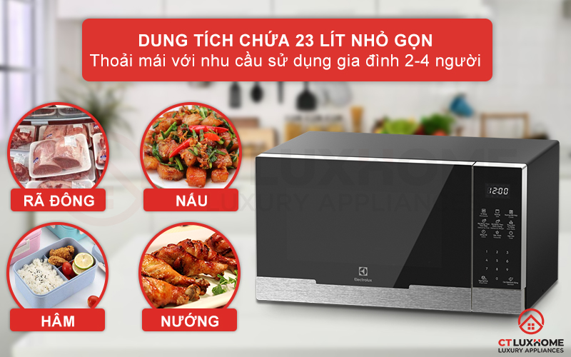 Dung tích nướng và vi sóng 23 lít thoải mái sử dụng cho gia đình 2-4 người