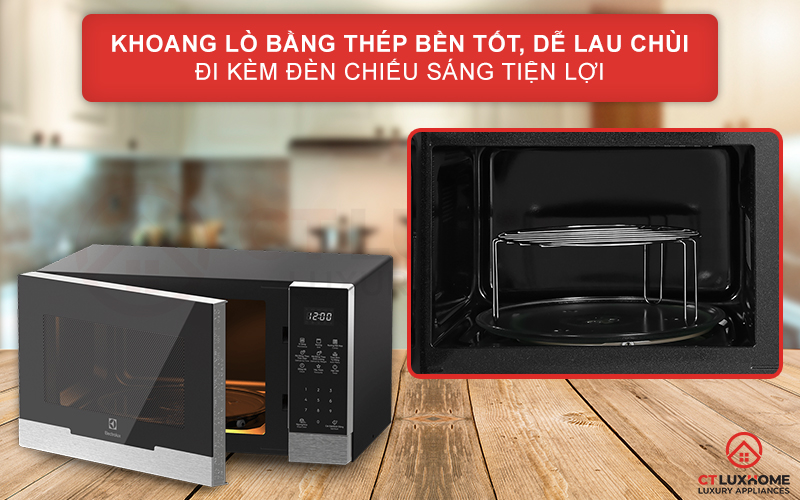 Khoang lò bằng thép phủ sơn chống dính bền tốt, dễ lau chùi đi kèm đèn chiếu sáng