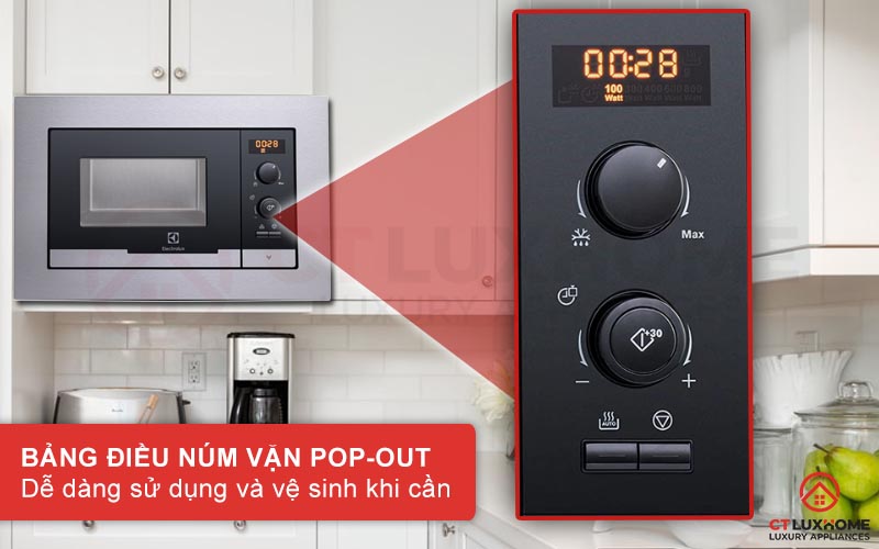 Bảng điều khiển của lò vi sóng Electrolux EMS2085X là hệ thống núm vặn Pop-out kết hợp với nút nhấn
