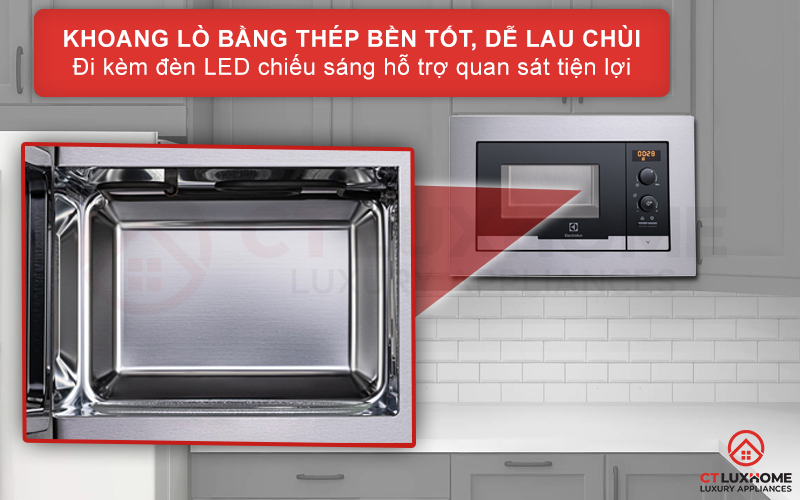 Khoang lò bằng thép bền tốt, dễ lau chùi đi kèm đèn LED tiện lợi