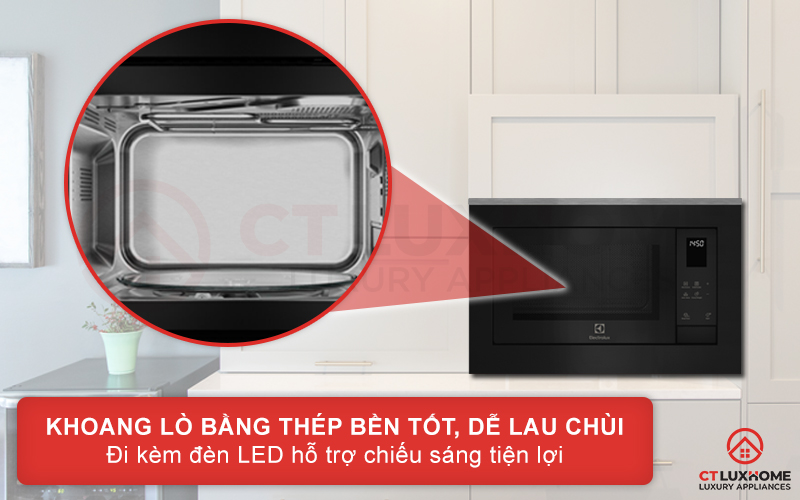 Khoang lò bằng thép bền tốt, dễ lau chùi đi kèm đèn LED tiện lợi