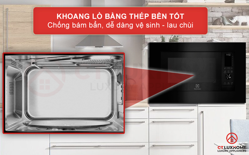 Khoang lò bằng thép bền tốt, dễ lau chùi