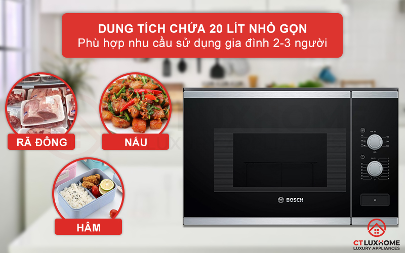 Lò vi sóng Bosch BEL520MS0K có dung tích 20 lít phù hợp với gia đinh 2-3 người