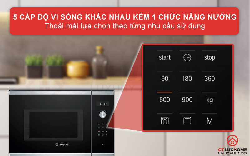 Nấu nướng nhanh chóng với 5 cấp độ lò nướng vi sóng và 1 cấp độ nướng