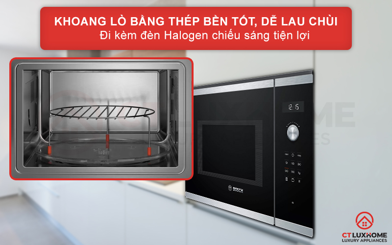 Khoang lò bằng thép, bền tốt đi kèm đèn Halogen chiếu sáng tiện lợi