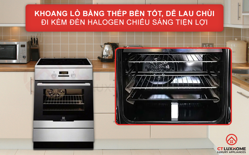 Khoang lò bằng thép tráng men bền tốt, dễ lau chùi đi kèm đèn Halogen tiện lợi