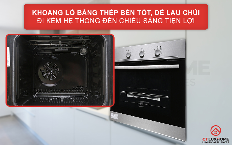 Khoang lò bằng thép bền tốt, dễ lau chùi đi kèm hệ thống đèn chiếu sáng