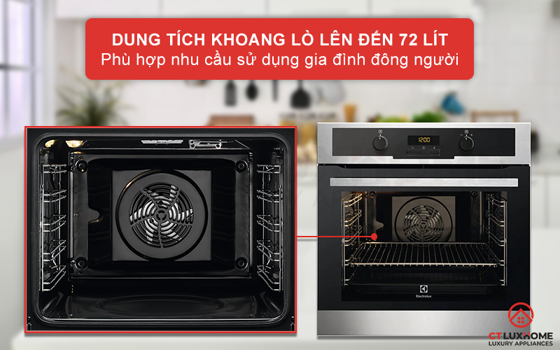 Dung tích nướng 72 lít phù hợp cho nhu cầu sử dụng gia đình 4-6 thành viên