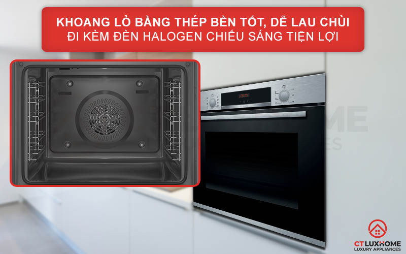 Khoang lò nướng với chất liệu thép không gỉ chắc chắn, đi kèm đèn Halogen tiện lợi