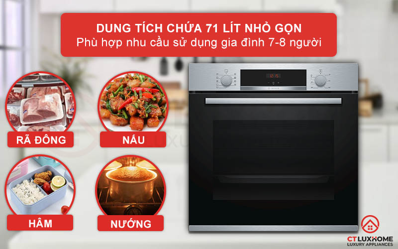 Lò nướng Bosch HBA534BS0A với dung tích 71 lít, phù hợp với gia đình 7-8 người