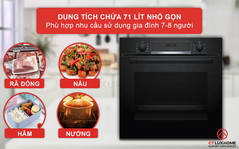 Lò nướng Bosch HBA534EB0 có dung tích 71 lít, phù hợp với gia đình từ 7-8 người