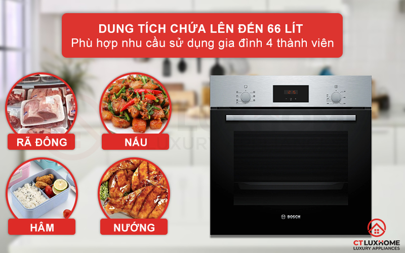 Dung tích nướng lên đến 66 lít, phù hợp với gia đình có 4 thành viên