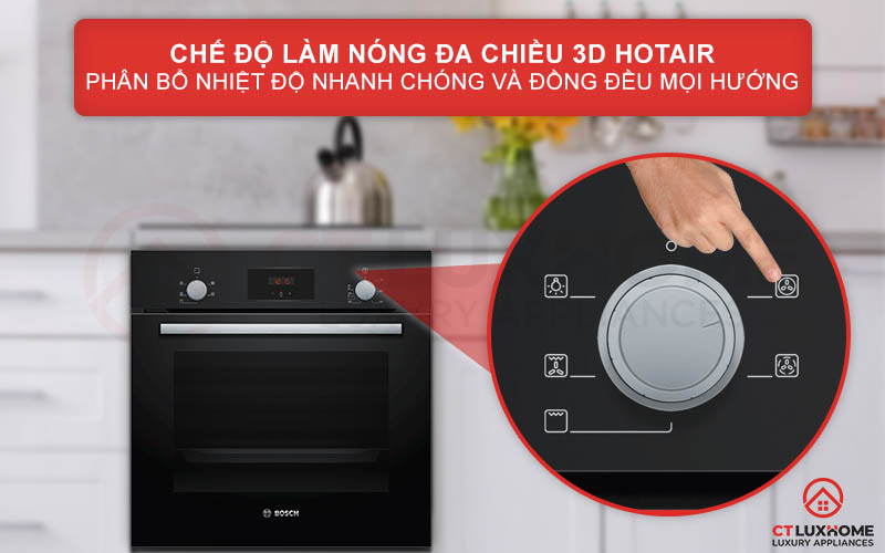 Chế độ nướng 3D Hotair phân phối nhiệt đồng đều ở mọi mặt và mọi cấp độ