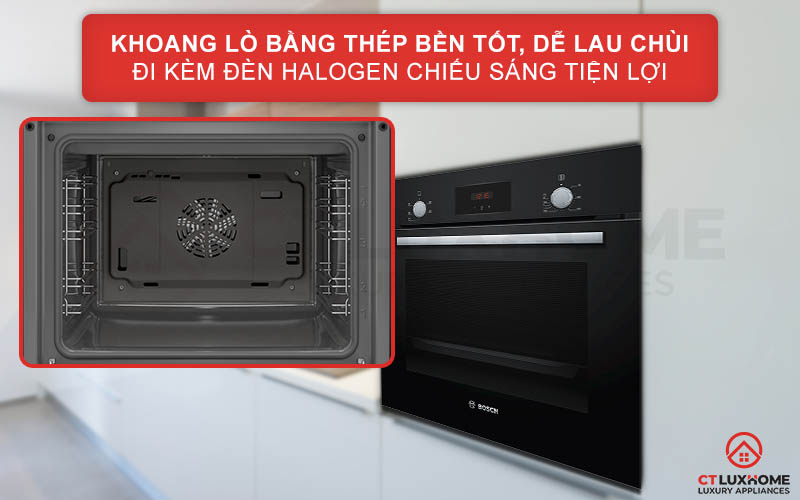 Khoang lò được làm bằng thép không gỉ bền tốt, dễ lau chùi đi kèm đèn Halogen chiếu sáng tiện lợi