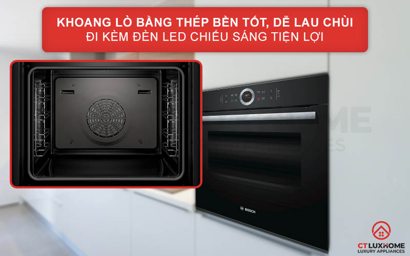 Khoang lò HBG633BB1B được làm bằng thép tráng men bền tốt, dễ lau chùi đi kèm đèn chiếu sáng Halogen tiện lợi
