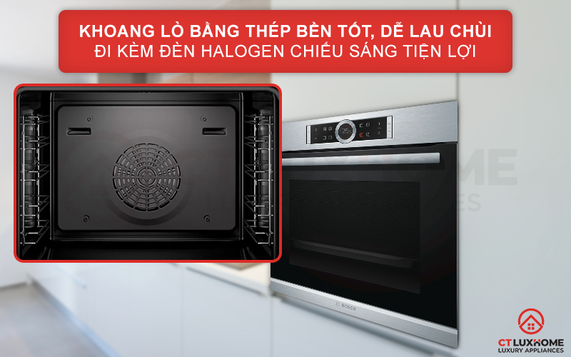 Khoang lò bằng thép không gỉ bền tốt, dễ lau chùi đi kèm đèn Halogen tiện lợi