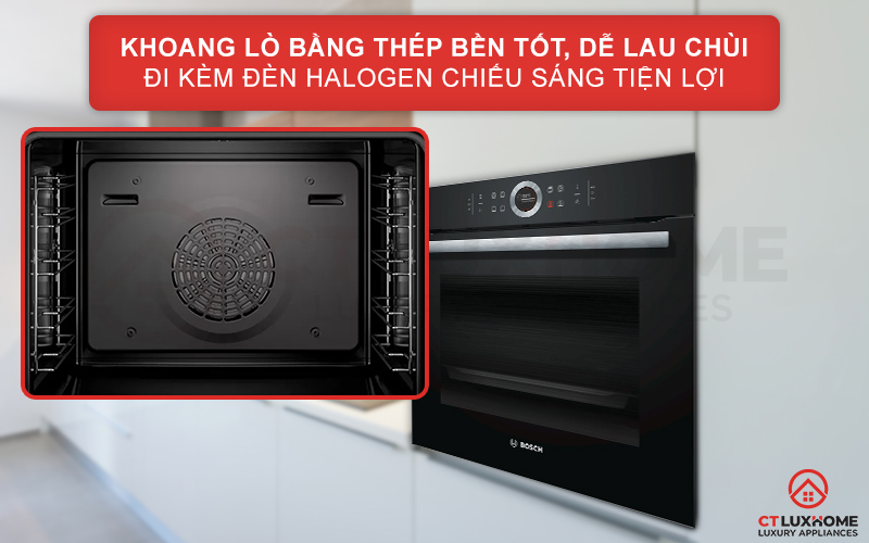 Khoang lò bằng thép bền tốt, dễ lau chùi kèm đèn Halogen tiện lợi