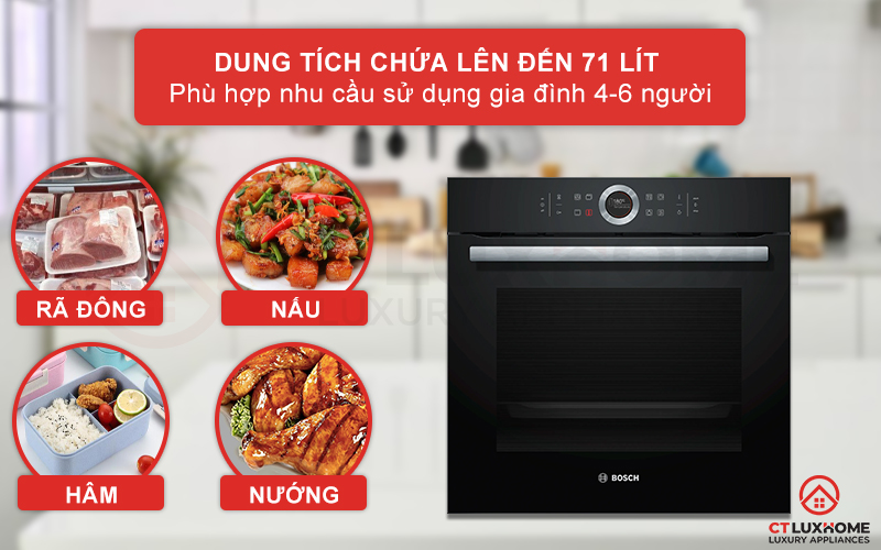 Thoải mái sử dụng với dung tích khoang lò lên đến 71 lít phù hợp với gia đình đông người