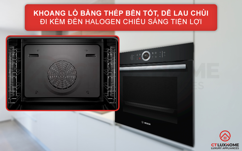 Khoang lò bằng thép bền tốt, dễ lau chùi đi kèm đèn Halogen chiếu sáng