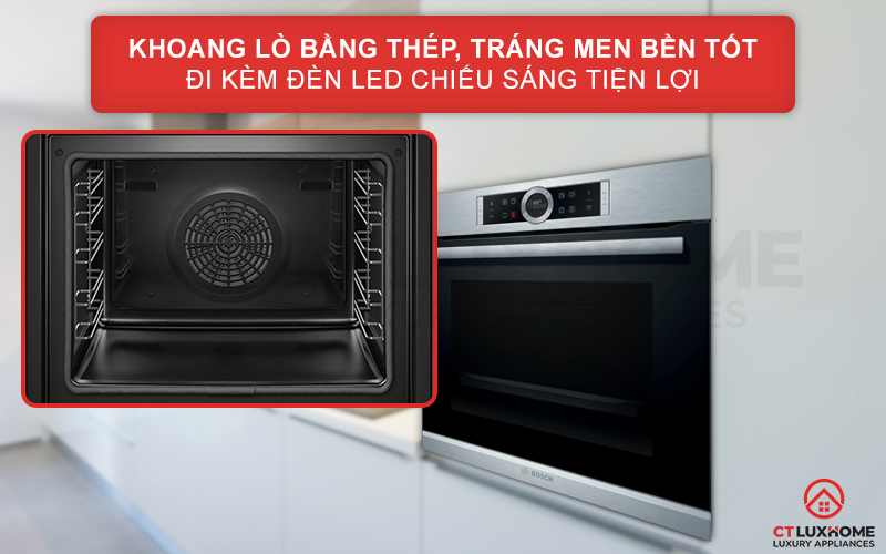 Khoang lò bằng thép tráng men bền tốt, chịu được nhiệt độ cao
