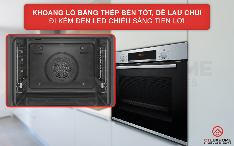 Khoang lò bằng thép bền tốt, dễ lau chùi đi kèm Halogen tiện lợi