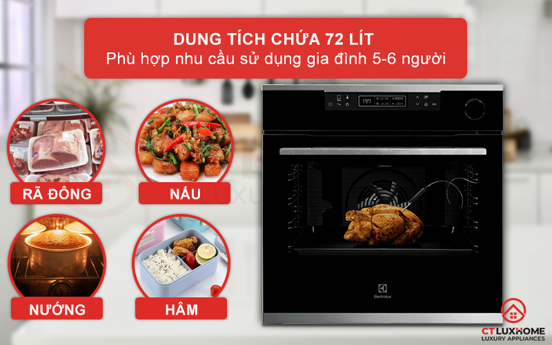 Dung tích nướng 72 lít thoải mái cho bạn sử dụng gia đình đông người