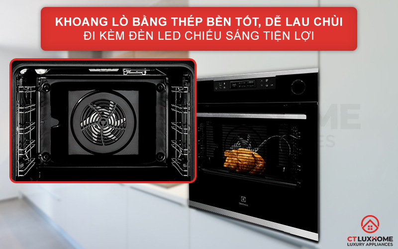 Khoang lò bằng thép tráng men bền tốt, dễ lau chùi đi kèm đèn LED tiện lợi