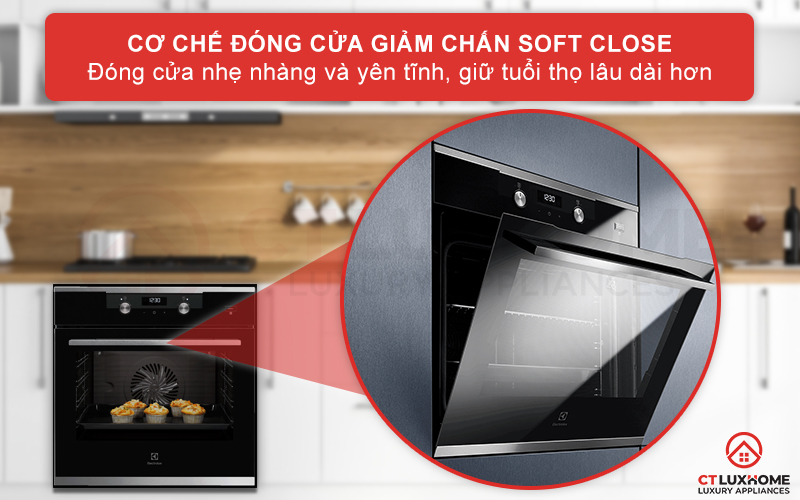 Lò nướng có thiết kế bản lề SoftClose có tác dụng khi đóng cửa tủ sẽ chậm lại