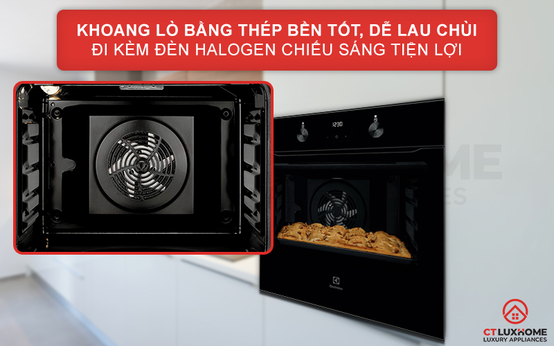 Khoang lò bằng thép tráng men bền tốt, dễ lau chùi đi kèm đèn Halogen tiện lợi