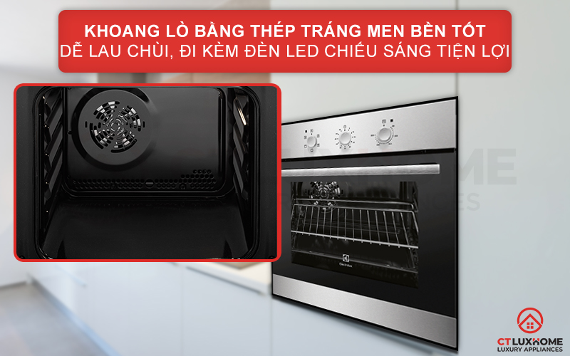 Khoang lò bằng thép tráng men bền tốt, dễ lau chùi đi kèm đèn LED tiện lợi