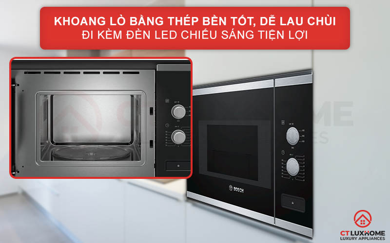 Khoang lò BFL520MS0K bằng thép bền tốt, dễ lau chùi đi kèm đèn LED tiện lợi