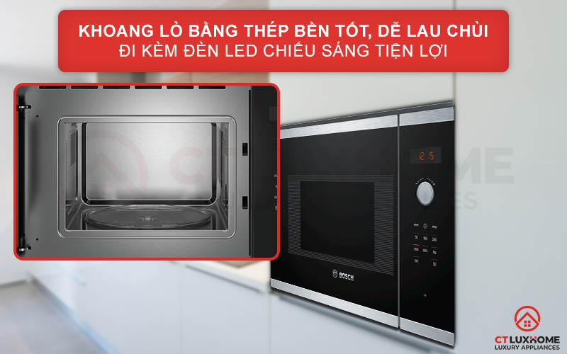 Khoang lò bằng thép bền tốt, dễ lau chùi đi kèm đèn LED tiện lợi
