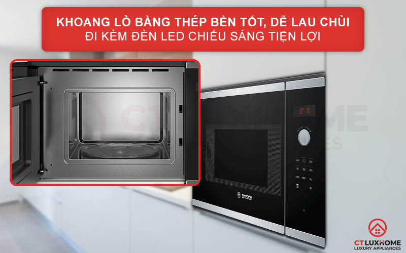 Khoang lò bền tốt, dễ lau chùi đi kèm đèn LED tiện lợi