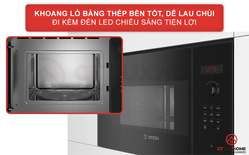 Khoang lò bằng thép bền tốt, dễ lau chùi đi kèm đèn LED tiện lợi