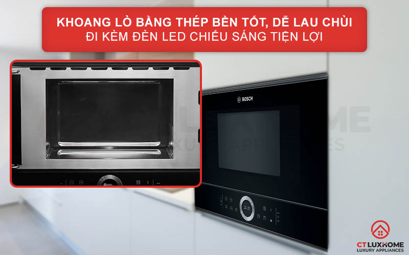 Khoang máy bằng thép không gỉ có độ bền tốt, dễ lau chùi đi kèm đèn LED tiện lợi