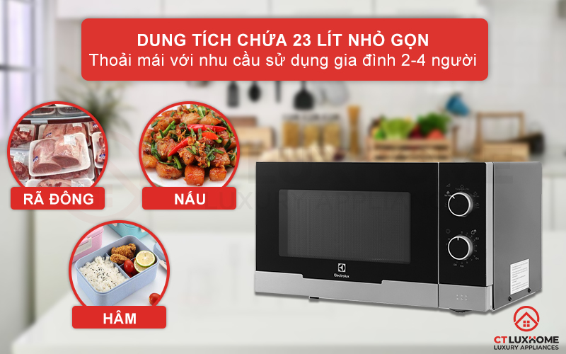 Dung tích nướng và vi sóng 23 lít thoải mái sử dụng cho gia đình 2-4 người