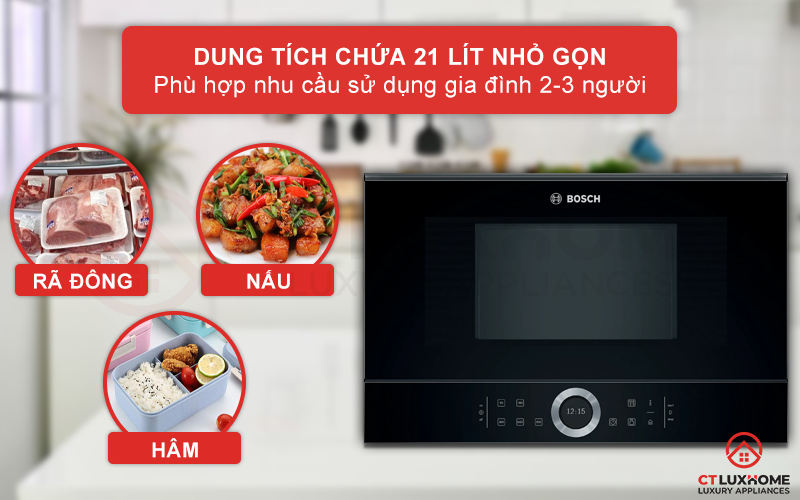 Lò vi sóng Bosch BFL634GB1 có dung tích 21 lít phù hợp gia đình 2-3 người.