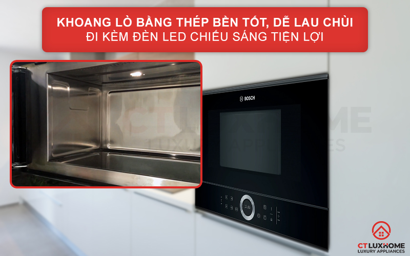 Khoang lò vi sóng bằng thép không gỉ bền tốt đi kèm đèn LED chiếu sáng.