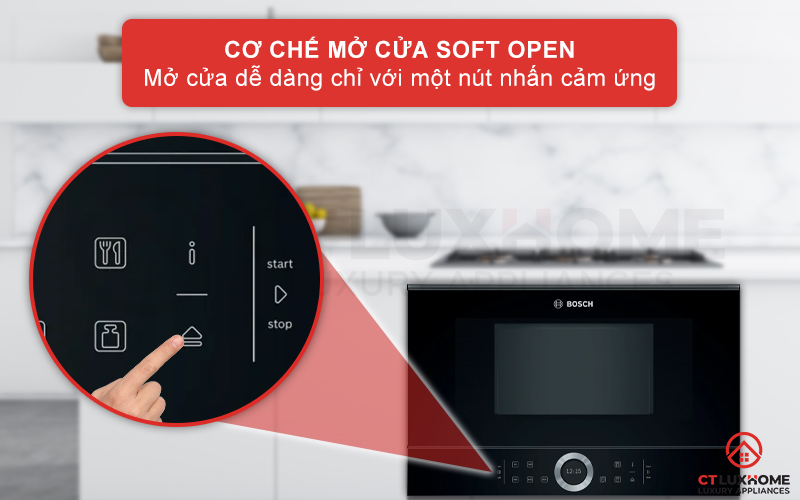 Mở cửa lò vi sóng Bosch BFL634GB1 dễ dàng chỉ với một nút nhấn.