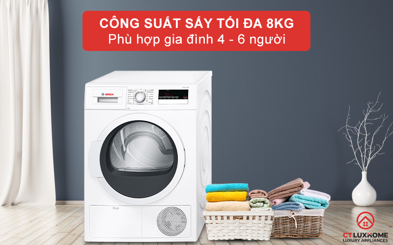 Công suất sấy tối đa lên đến 8kg phù hợp cho gia đình 4 - 6 người.