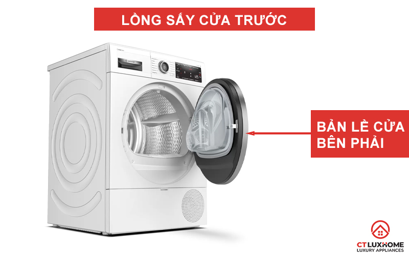 Máy sấy Bosch WTX87M40 được thiết kế với cửa trước, bản lề phải.