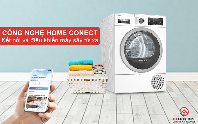 Kết nối và điều khiển máy sấy Bosch WTX87M40 từ xa thông qua Home Conect.
