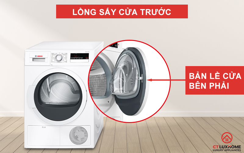 Lồng máy sấy Bosch WTB86201SG nằm ở mặt trước, bản lề cửa bên phải.