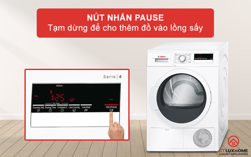 Nhấn Pause để tạm dừng và thêm đồ quần áo vào lồng sấy.