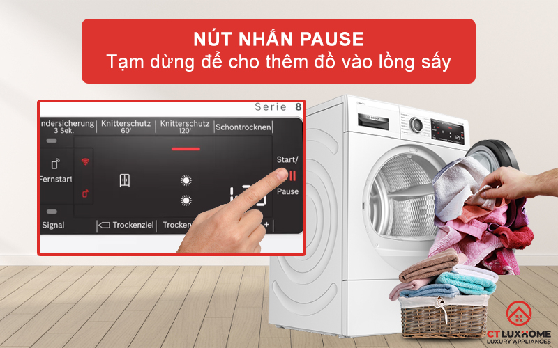 Nhấn Pause để tạm ngưng khi bạn muốn thêm quần áo vào lồng sấy.