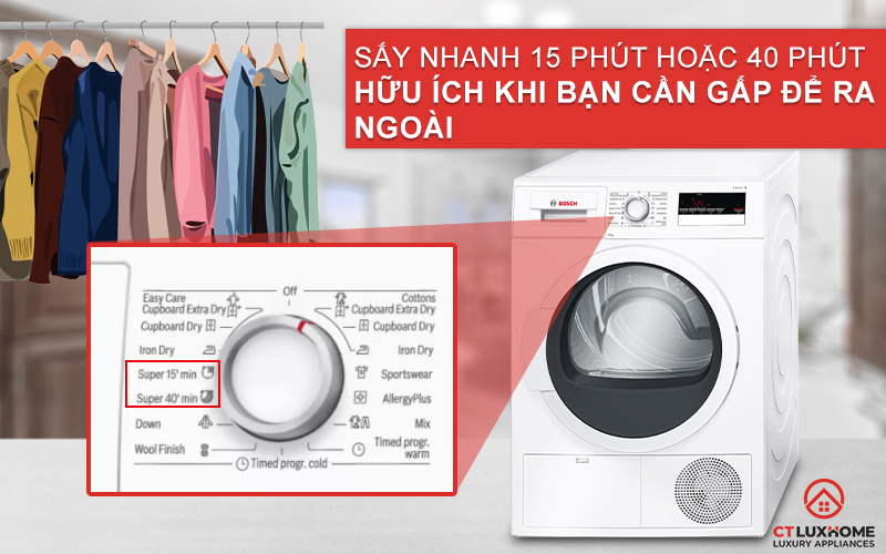 Lựa chọn sấy nhanh 15 phút hoặc 40 phút để sấy khô nhanh hơn, tiết kiệm thời gian.