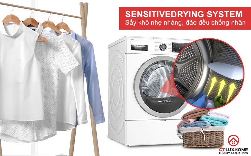 Quần áo được sấy khô nhẹ nhàng, đồng đều và không bị nhăn.