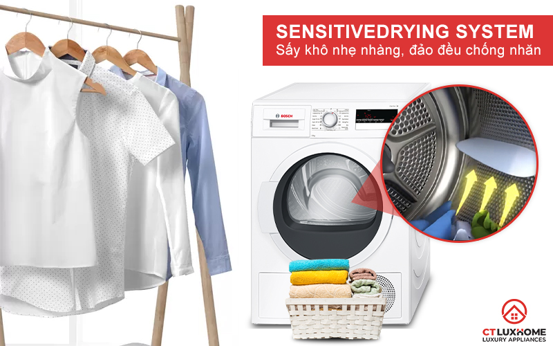 Quần áo được sấy khô nhẹ nhàng và chống nhăn nhờ công nghệ SensitiveDrying System.
