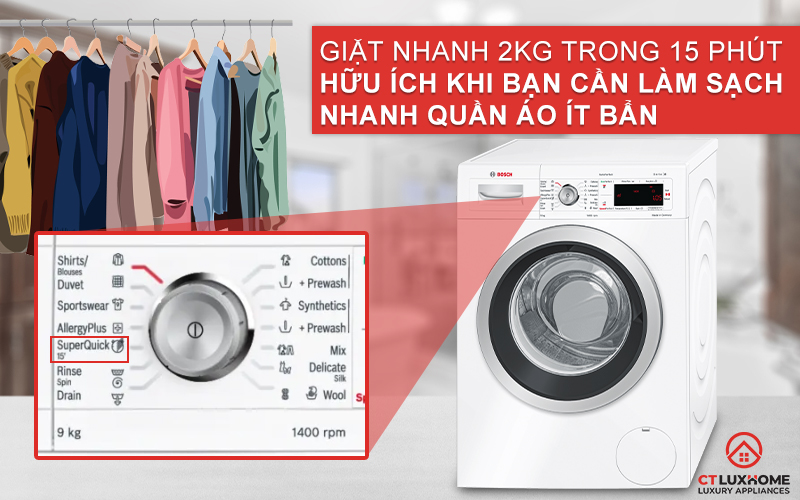 Giặt nhanh SuperQuick 15 phút giúp tiết kiệm thời gian hơn.